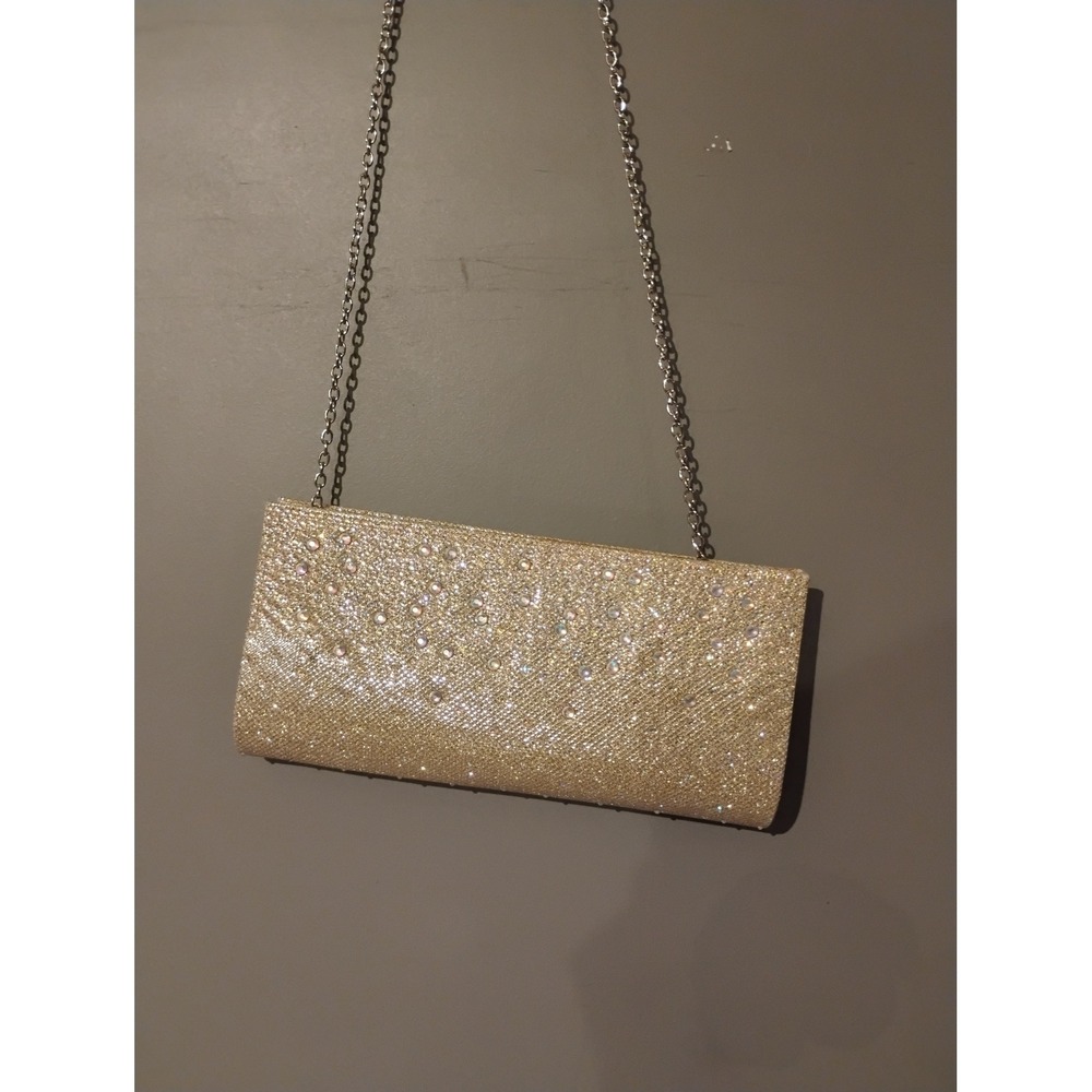 Gunne Sax Gold Glitter Rhinestone Evening Clutch Bag Chain Strap Formal Wedding